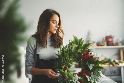 Attractive woman florist creating Christmas wreath in flower shop. Small business photo