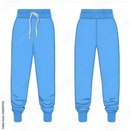 Cozy blue sweatpants mock up template, front and back view, isolated on white. Relaxed and comfortable jogger pants design presentation for print.

 photo