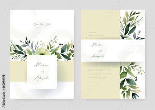 Green poppy modern wedding invitation template with floral and flower