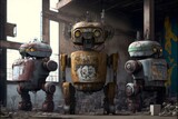 group of maschinen krieger mech robots covered with graffiti standing in front of old dusty factory inside wide angle 21mm lens hyperrealistic 8k unreal engine render 