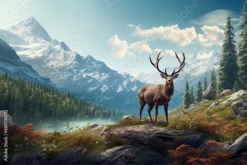 Mountain landscape with deer in the forest.