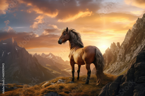 Horse in the mountains at sunset.