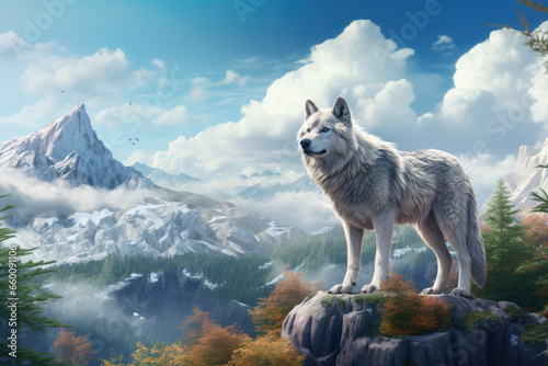 White wolf standing on the rock with mountains in the background. © Tida