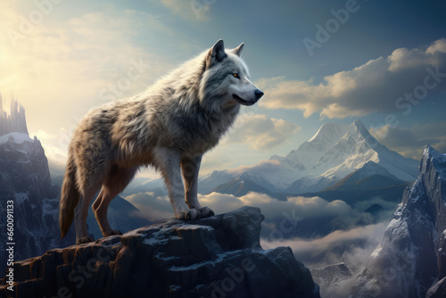 White wolf standing on a rock and looking at the mountains.