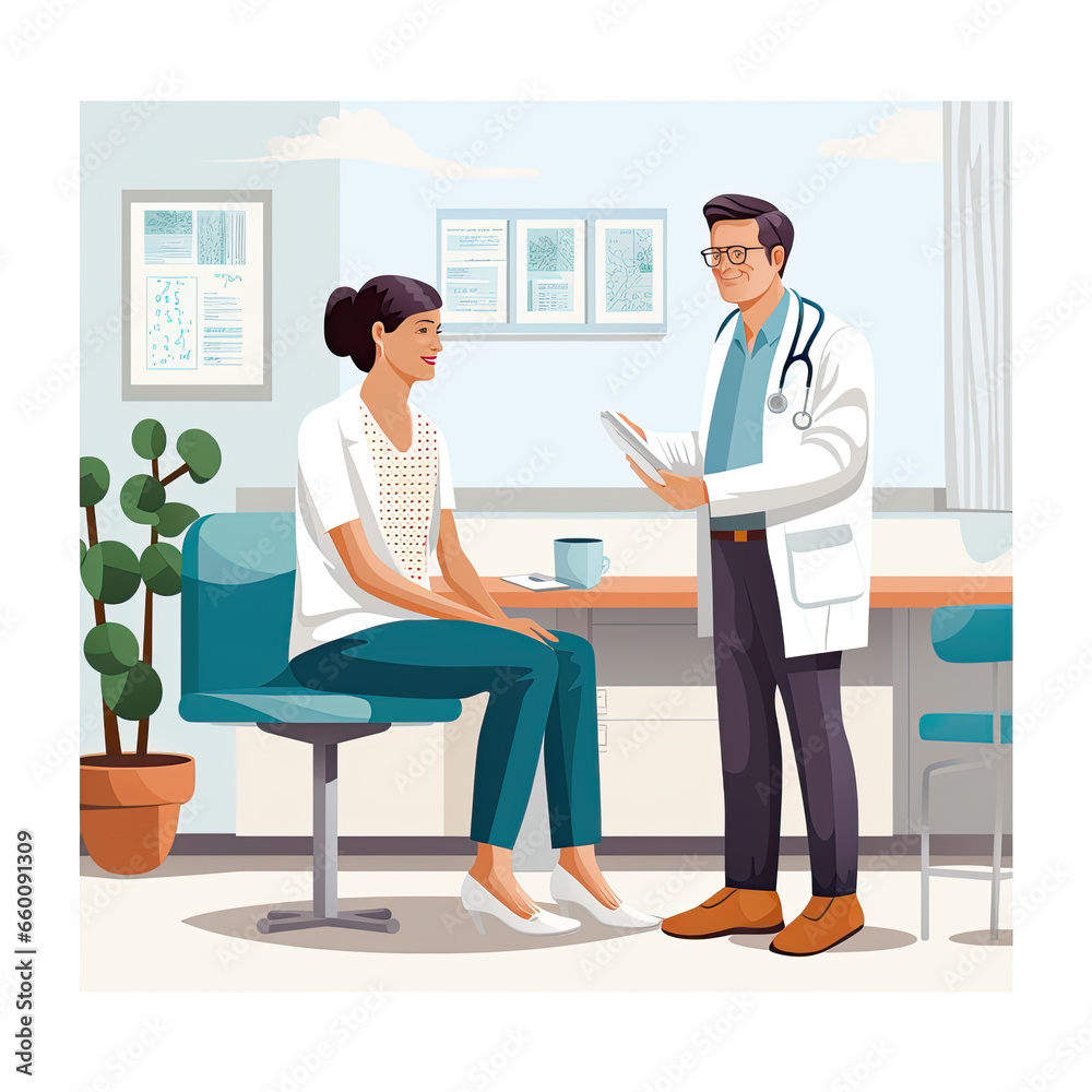 Obraz premium Illustration of a doctor in his office, he is standing with a tablet in his hand, he is giving the diagnosis to his female patient who outlines a smile. Created with AI.