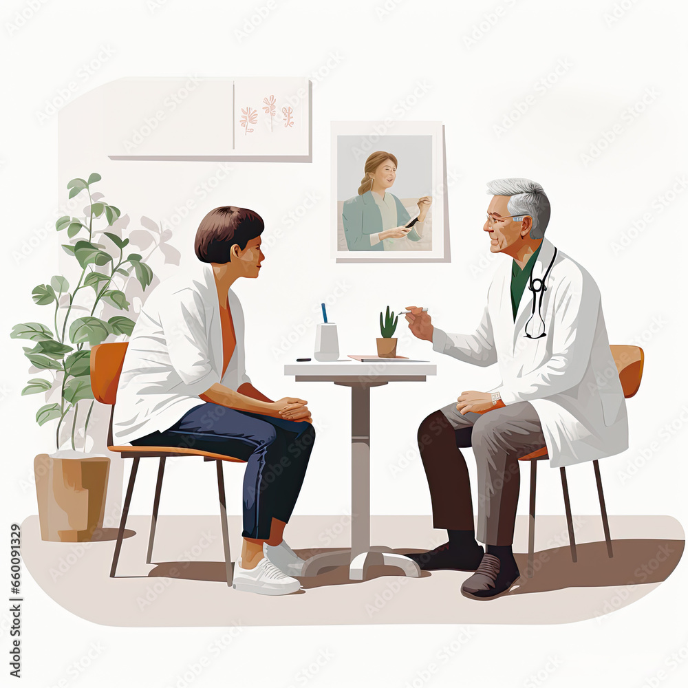 Fototapeta premium Illustration of a doctor explaining her diagnosis to a patient sitting in a medical consultation. Image of AI.