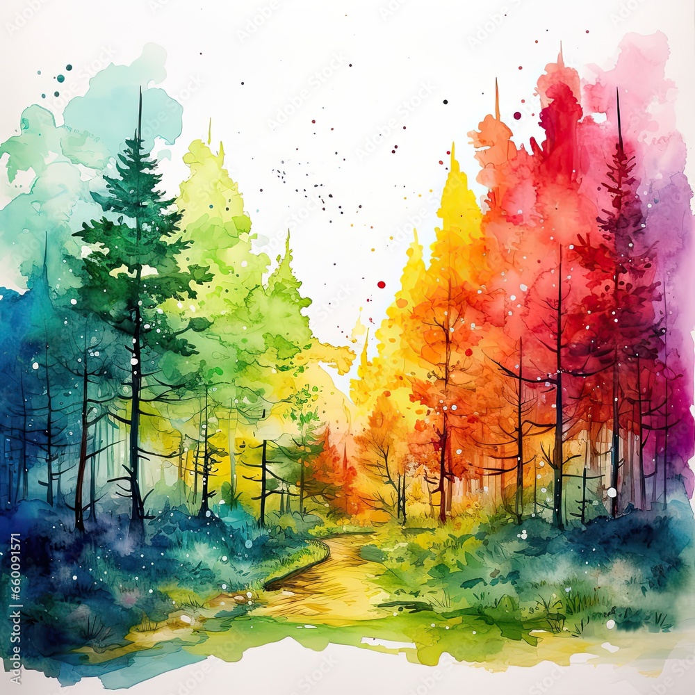 Abstract colorful forest watercolor background - generative ai