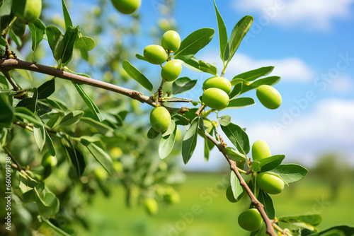 Branch with green olives on farm in daylight