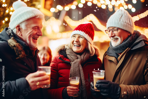 Multiracial friends of different ages drinking mulled wine at Christmas fair in festively decorated city