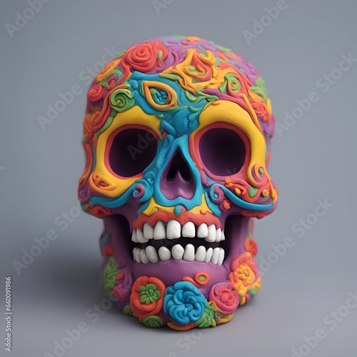 Colorful sugar skull on a gray background. 3d illustration.