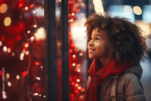African American girl admires Christmas decorations in store window on winter evening
