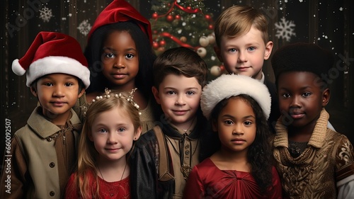 Seven boys and girls of different races and cultures at christmas