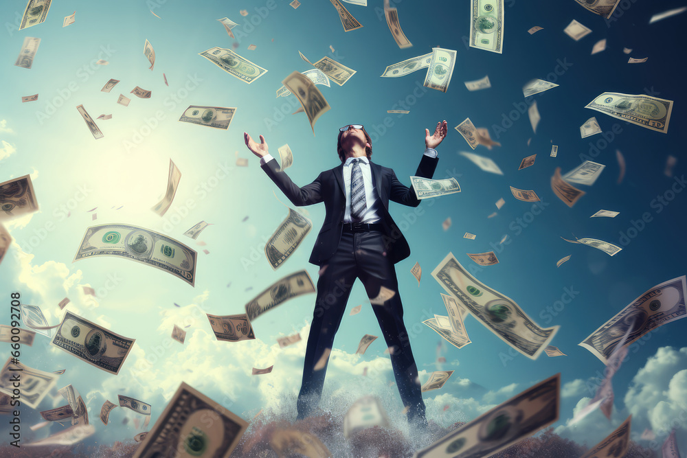 Businessman in suit and glasses with dollar bills flying in the air - obrazy, fototapety, plakaty 