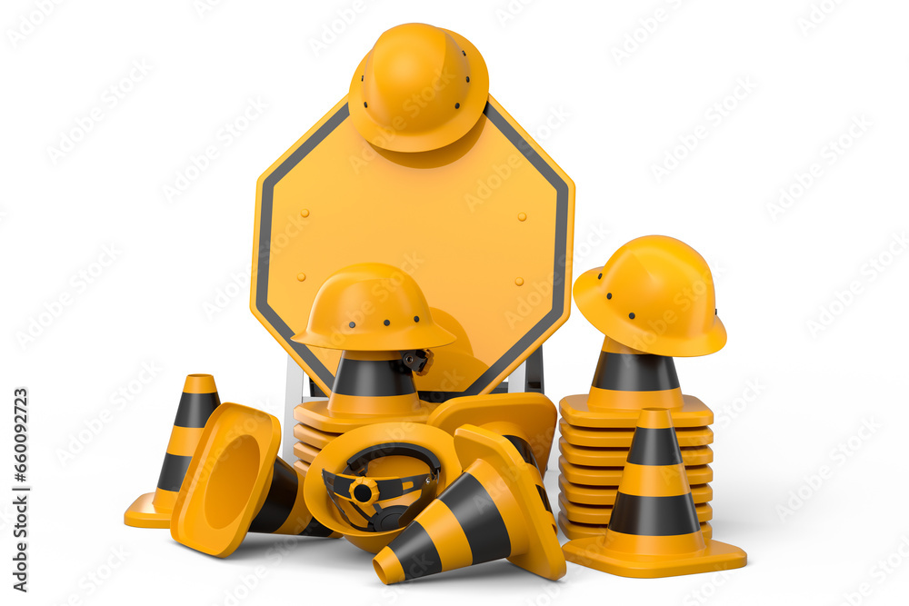 Set of safety helmets or hard hats and traffic cones, road sign on white Set of safety helmets or hard hats and traffic cones, road sign on white