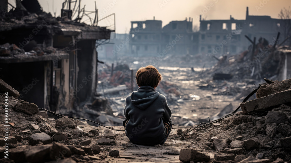 A child lonely in the destroyed city after the war