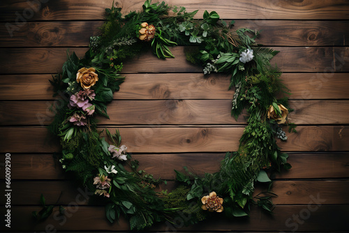Photo of Brown Wooden Board With Green Floral Wreath