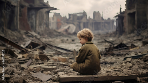 A child lonely in the destroyed city after the war