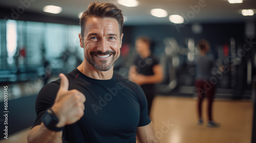 A fitness coach, in a gym setting, enthusiastically holds both thumbs up, exuding positivity and motivation, with a blurred gym background.