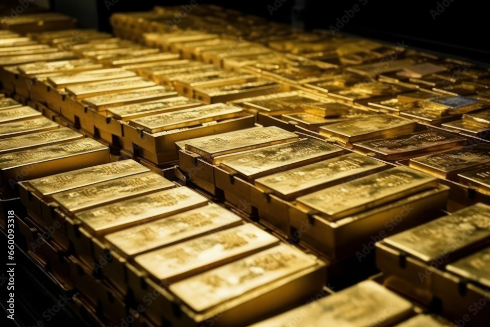 Gold ingots on black background. Financial concept. Generative AI. Gold ingots on black background. Financial concept. Generative AI.