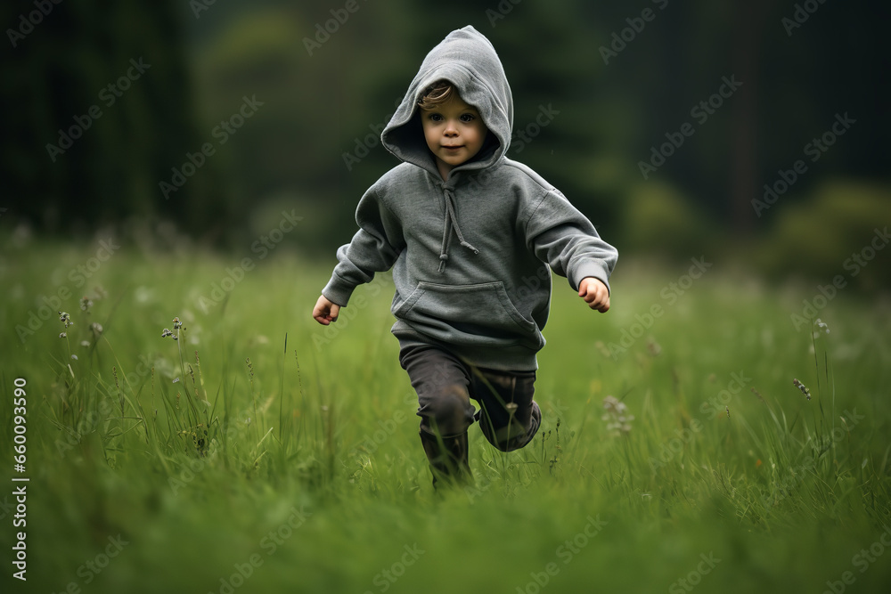 Toddler Wearing Gray Hoodie Running on Green Fields Toddler Wearing Gray Hoodie Running on Green Fields