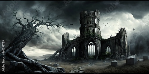 sinister and oppressive landscape black and threatening clouds cover the sky oppressive darkness The ground is covered in thick sticky mud skeletal trees ancient and dilapidated ruins emerge from  photo