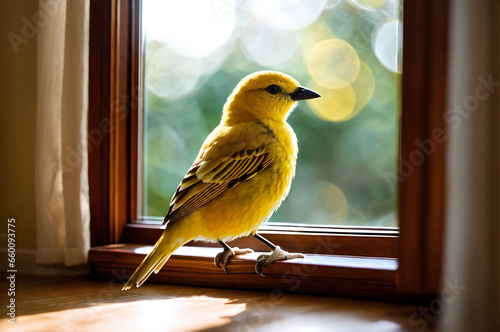 A canary-colored bird perches on the windowsill, its gaze fixed on the world beyond the windowpane. © Diren Yardimli