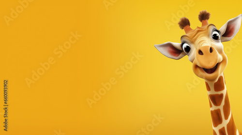 This image features a cheerful giraffe with a wide banner and copy space, set against a simple, unicolored background.Generative AI