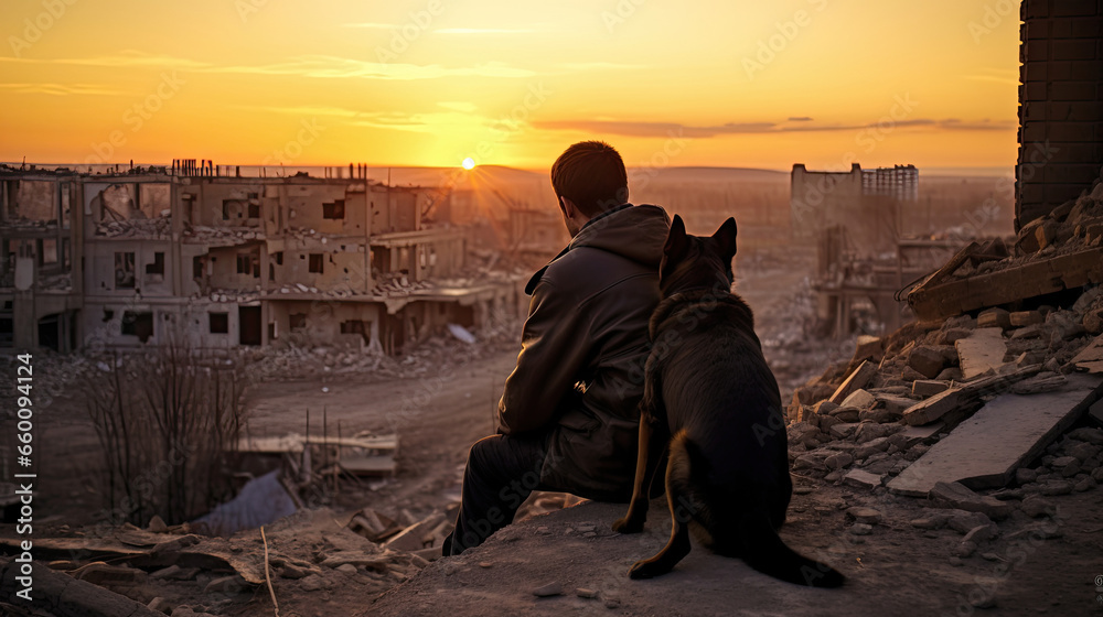 A man and a dog on the ruins of a bombed-out city at sunset.