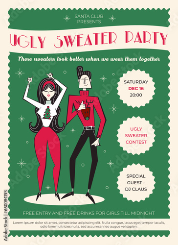 Night club retro Christmas party invitation. 60s - 70s style Christmas poster with dancing couple in sweaters. Ugly sweater party invitation.