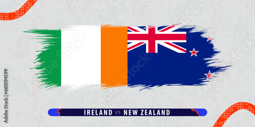 Ireland vs New Zealand, international rugby quarter final match illustration in brushstroke style. Abstract grungy icon for rugby match.