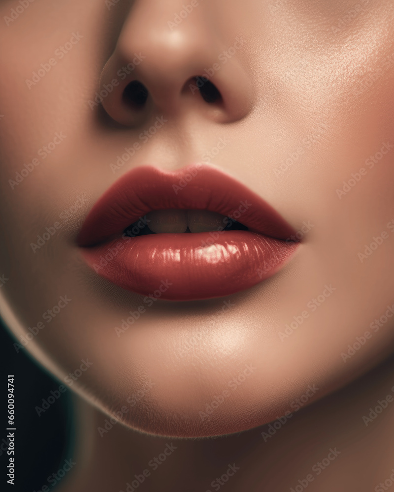 Obraz premium A close-up shot of a bright red color lips, photo retouch, clean face model