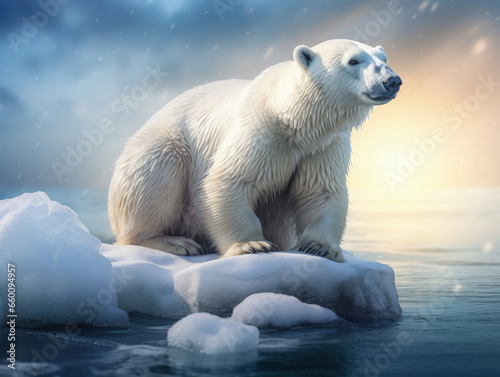  In this powerful portrait  a majestic polar bear stands alone on a single ice floe  serving as a poignant visual representation of the global warming crisis.