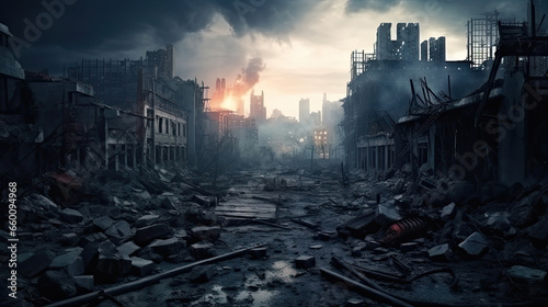 Apocalypse City with Bombed Buildings. War Concept photo