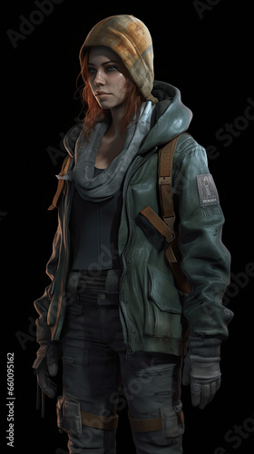 A post apocalyptic character with outfit and weapons isolated on a solid background