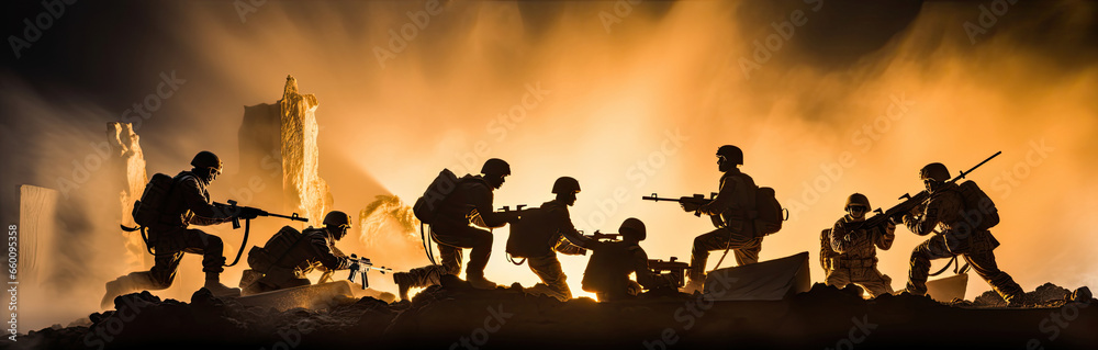 Battle scene. Military silhouettes fighting scene on war fog sky background. Plastic toy soldiers with guns take prisoner the enemy soldiers.
