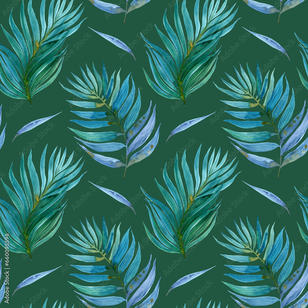 Watercolour tropical tree palm leaves illustration seamless pattern. On green background. Hand-painted. Floral elements, jungle leaves.