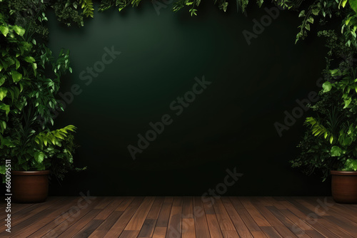 Empty dark room with green plants on wall and wooden floor.