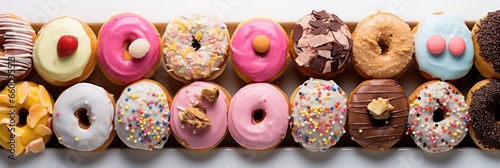 horizontal banner with Top view of assorted glazed colorful donuts with icing as background