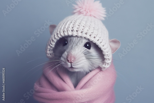 A cute gray mouse in a warm knitted light gray hat with a pink fluffy pom pom, a warm pink scarf with a black eyes, whiskers, small ears sticking out from under the hat on gray background.