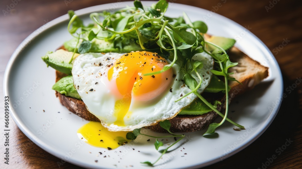 toast with egg and avocado on a plate - generative ai toast with egg and avocado on a plate - generative ai