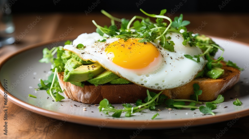 toast with egg and avocado on a plate - generative ai toast with egg and avocado on a plate - generative ai