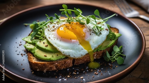 toast with egg and avocado on a plate - generative ai