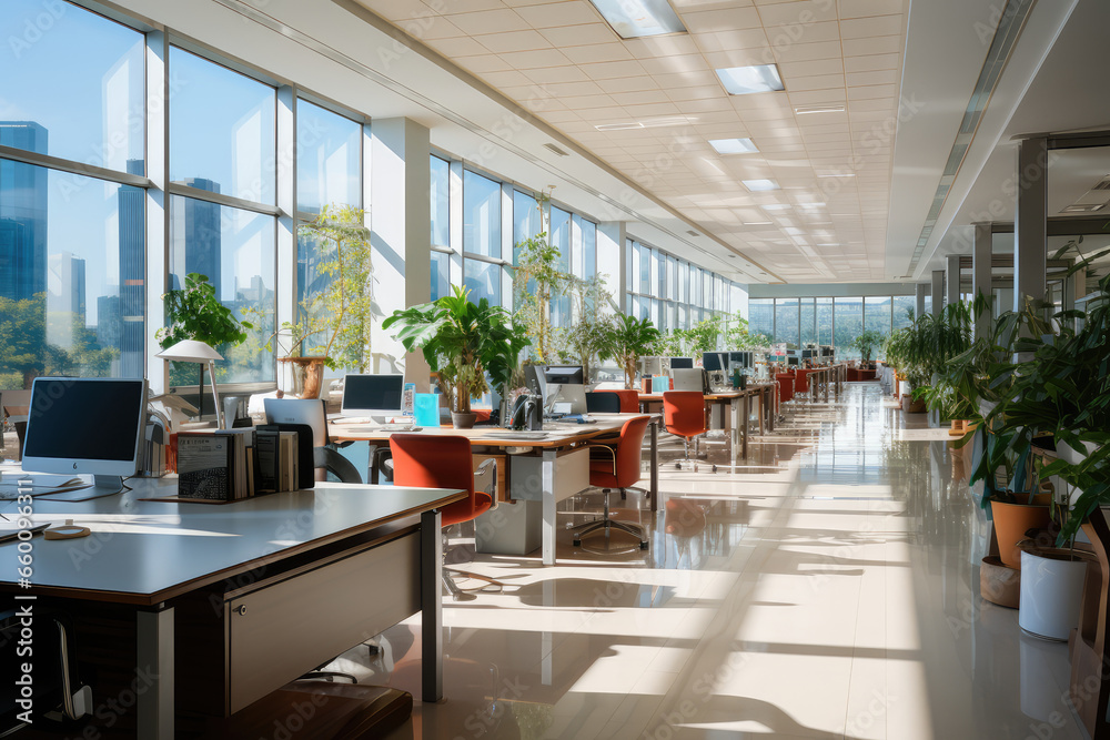 Interior of empty modern office with large windows and city view. Nobody inside