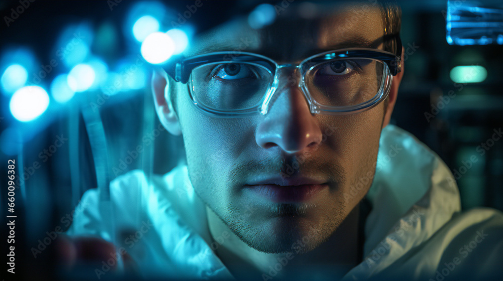 a researcher in a laboratory, their face illuminated by the glow of scientific equipment as they make a groundbreaking discovery. a researcher in a laboratory, their face illuminated by the glow of scientific equipment as they make a groundbreaking discovery.