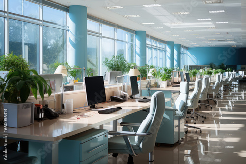 Modern office interior with computers and plants. Workplace in modern office