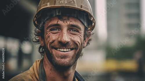 a construction worker taking a break on a construction site, their face dusted with a mix of sweat and dirt, but their grin radiates pride in their work 