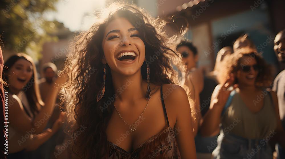 mujer  latina celebrando en un lugar al aire libre con el sol en su rostro y una hermosa sonrisa en el Día de la Amistad 14 de febrero - obrazy, fototapety, plakaty 