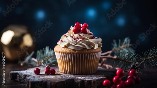 Christmas cupcake with red berries and candles on a dark background. Generative AI.