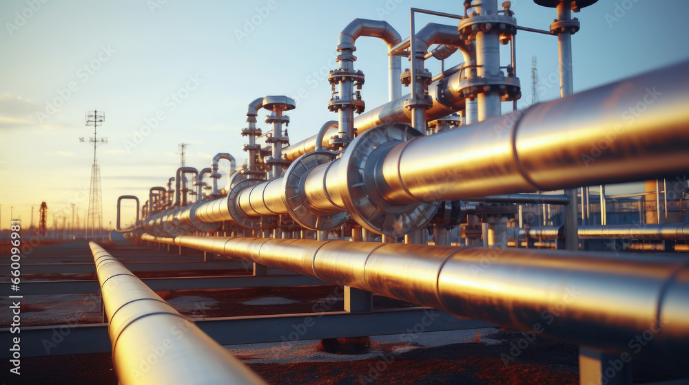 A large oil and gas pipeline in the midst of refining, with blurred background for added focus. A large oil and gas pipeline in the midst of refining, with blurred background for added focus.