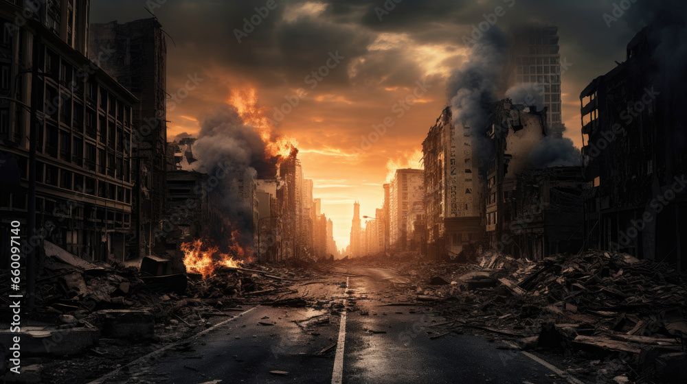 Empty street of burnt up city. Apocalyptic view of city downtown as disaster film poster concept. City destroyed by war - obrazy, fototapety, plakaty 